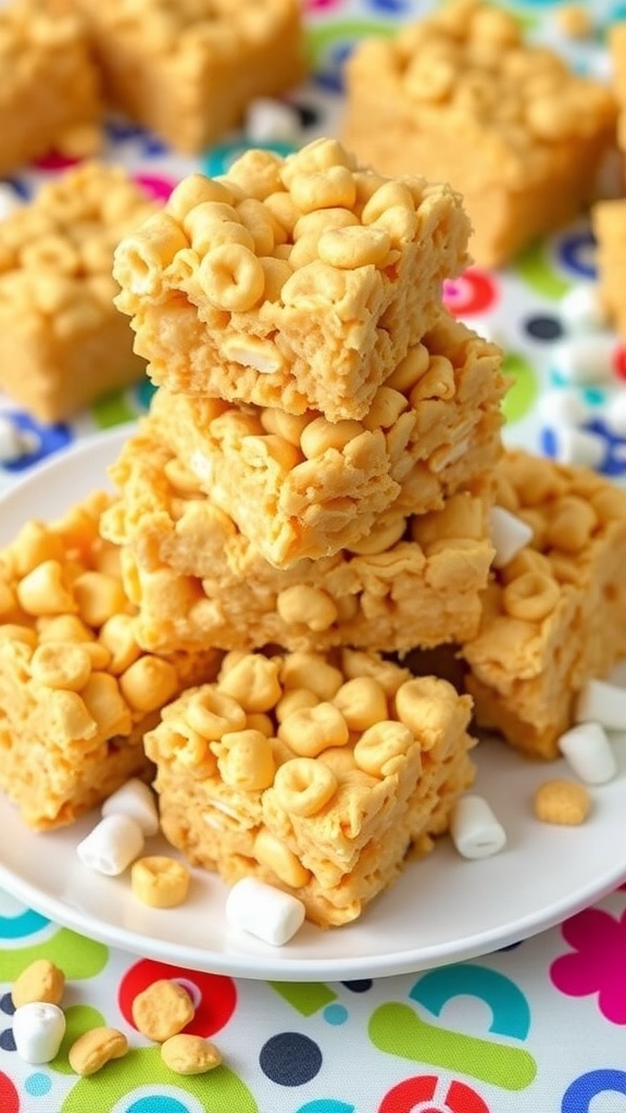 Simple 3-Ingredient Rice Crispy Treats A plate of rice crispy treats cut into squares, surrounded by marshmallows and rice cereal.
